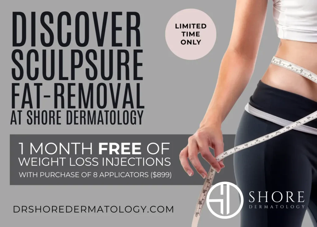 Discover SculpSure fat removal promotion at Shore Dermatology, featuring a woman holding a measuring tape around her waist, emphasizing non-invasive body contouring and weight loss injections.