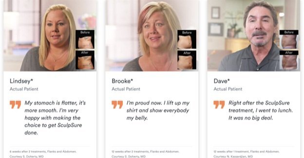 Patient testimonials for SculpSure laser body contouring, featuring before-and-after images of actual patients Lindsey, Brooke, and Dave, showcasing positive weight loss results and satisfaction with treatment.
