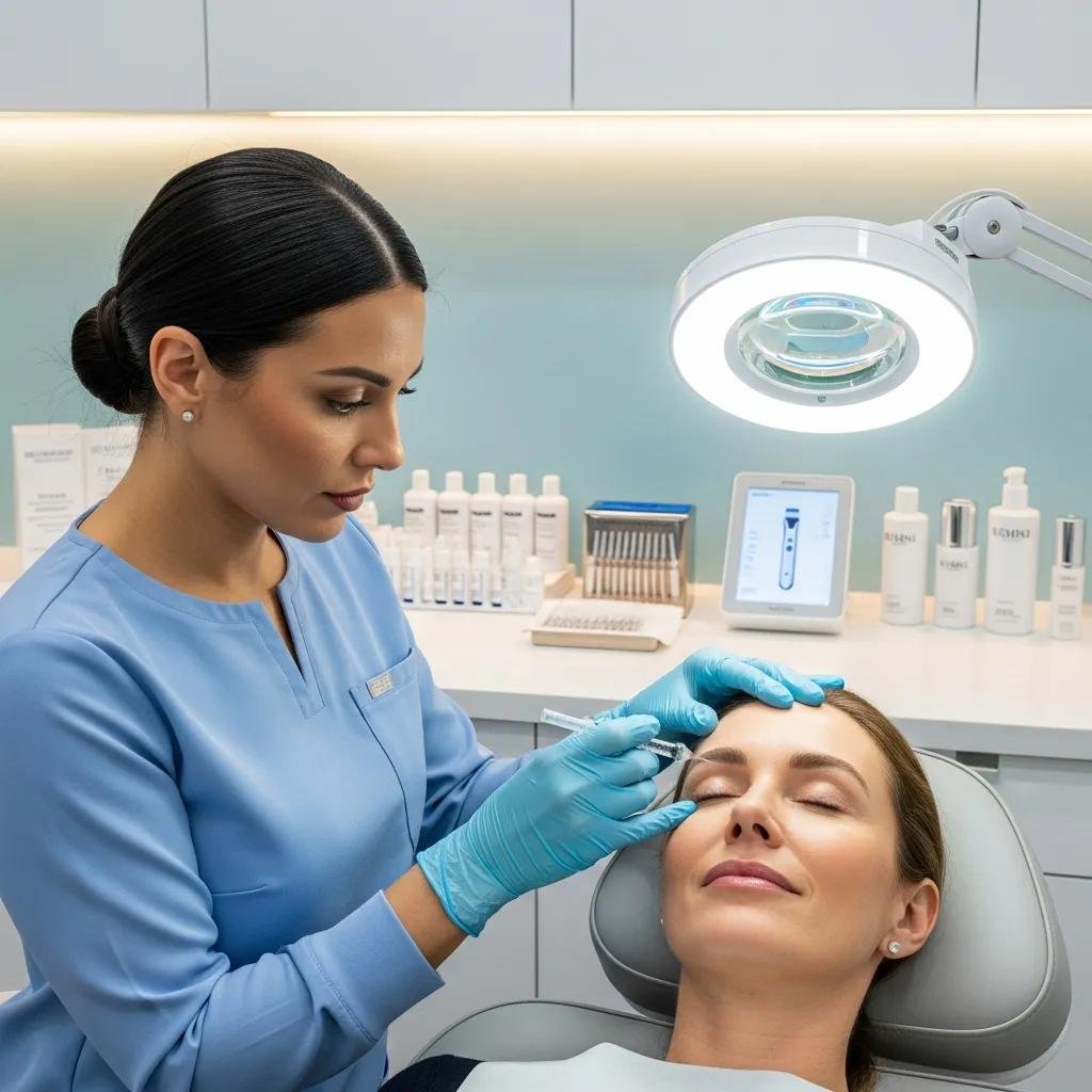 Clinician administering Botox injection to a patient in a med spa setting, highlighting medical-grade aesthetic services with skincare products in the background.