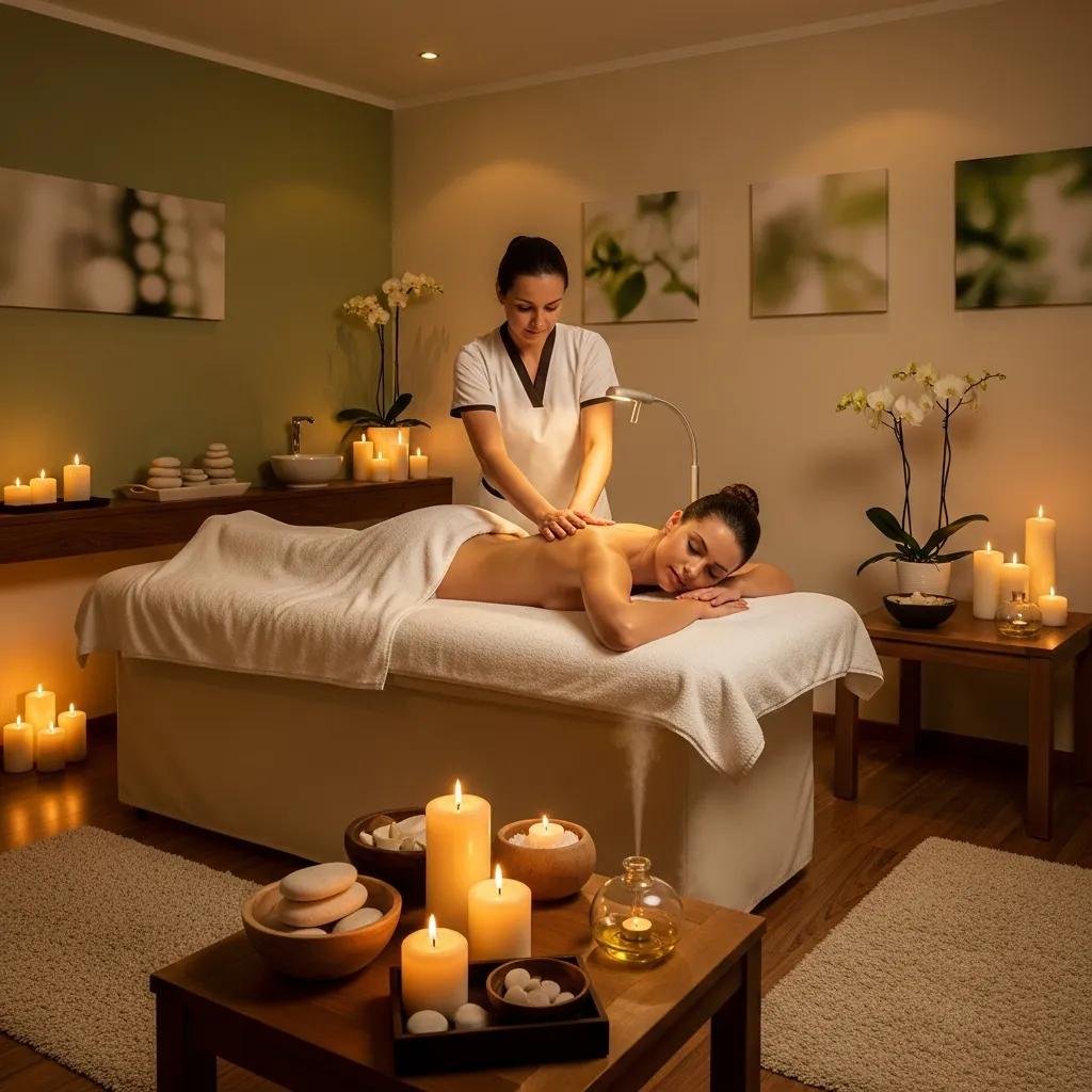 Massage therapist providing a relaxing massage in a tranquil day spa environment with candles, smooth stones, and a serene atmosphere promoting stress relief and wellness.