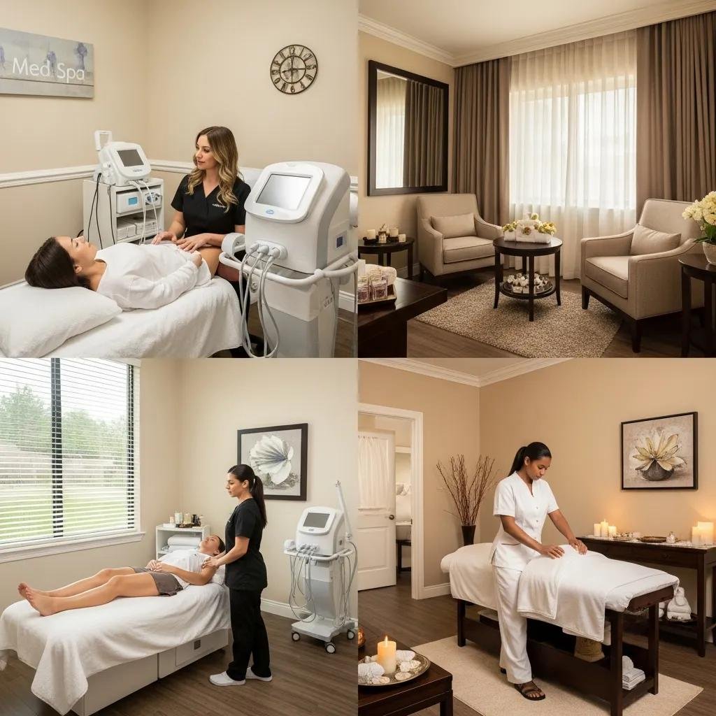 Serene med spa environment showcasing aesthetic treatments, clinical services, and relaxation areas, featuring professionals assisting clients in a calming setting.