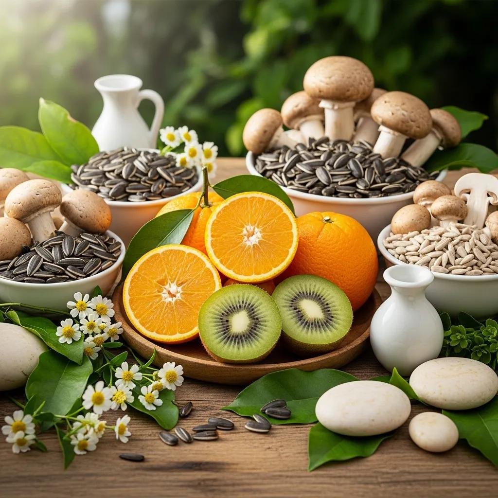 Aesthetic arrangement of skincare ingredients including oranges, kiwi, mushrooms, and sunflower seeds, emphasizing their role in protecting skin from pollution and oxidative stress.