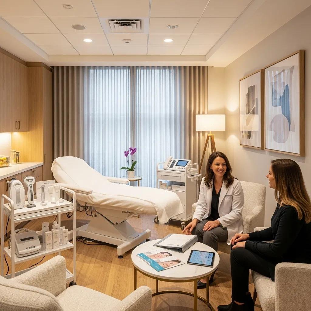 Aesthetic clinic interior featuring a practitioner consulting with a patient about non-invasive beauty enhancements, equipped with treatment devices and skincare products.