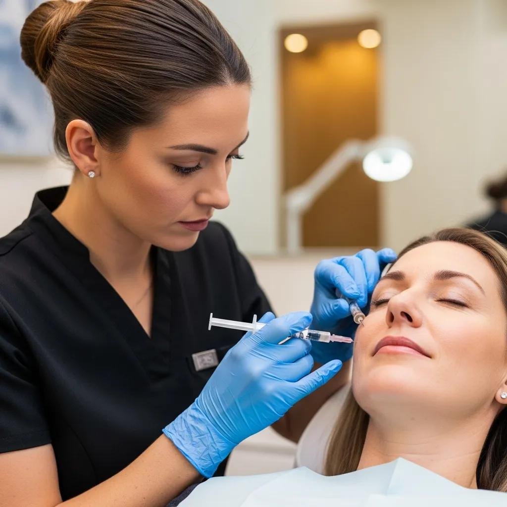 Aesthetic injector administering dermal filler treatment to a patient in a professional med spa setting, highlighting facial volume restoration and contouring.