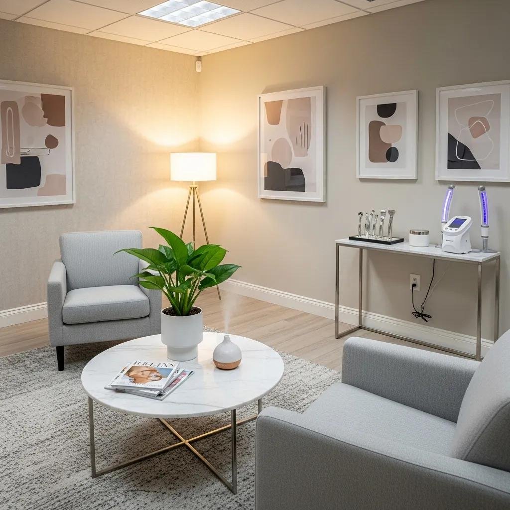Aesthetic treatment clinic interior featuring comfortable seating, modern decor, and wellness equipment, emphasizing a serene atmosphere for clients seeking aesthetic services.