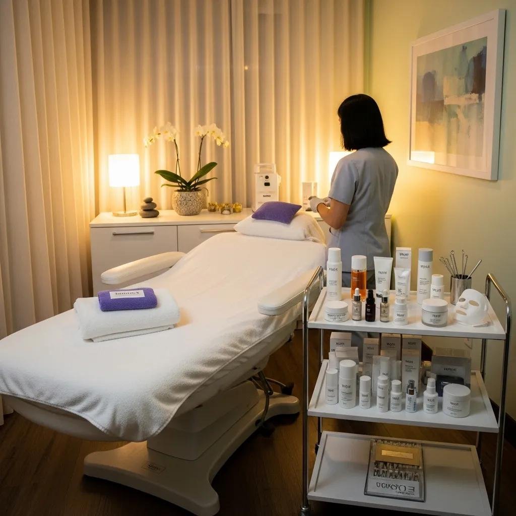 Calming medspa treatment room prepared for spring skin renewal, featuring a treatment bed with towels, skincare products on a cart, and a professional aesthetician organizing supplies.