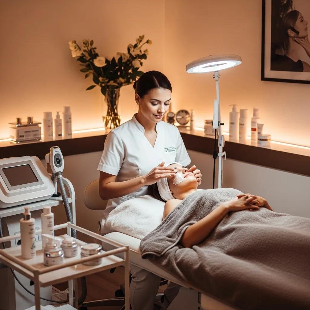 Client receiving a facial treatment from a licensed aesthetician in a med spa setting, with skincare products and equipment visible in the background, highlighting non-surgical aesthetic services.
