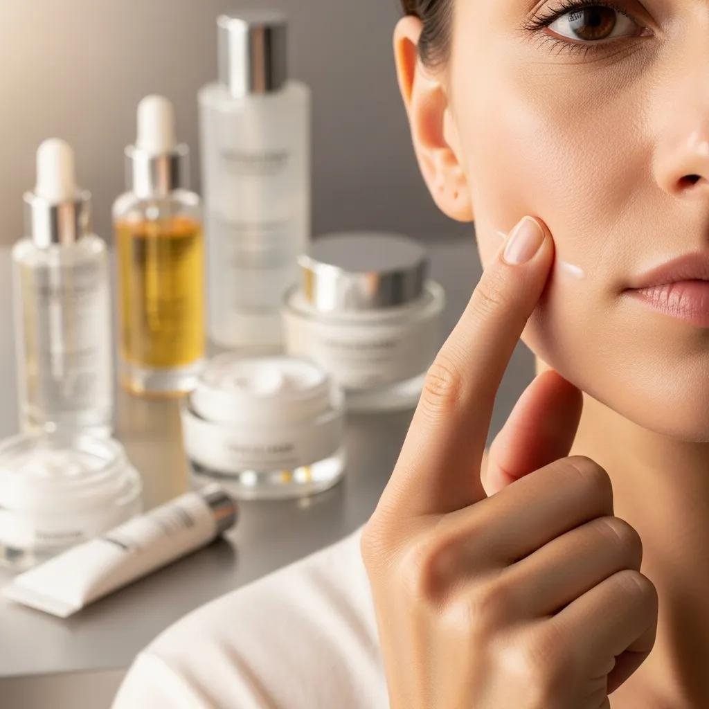 Close-up of a woman assessing her skin turgor with hydrating skincare products in the background