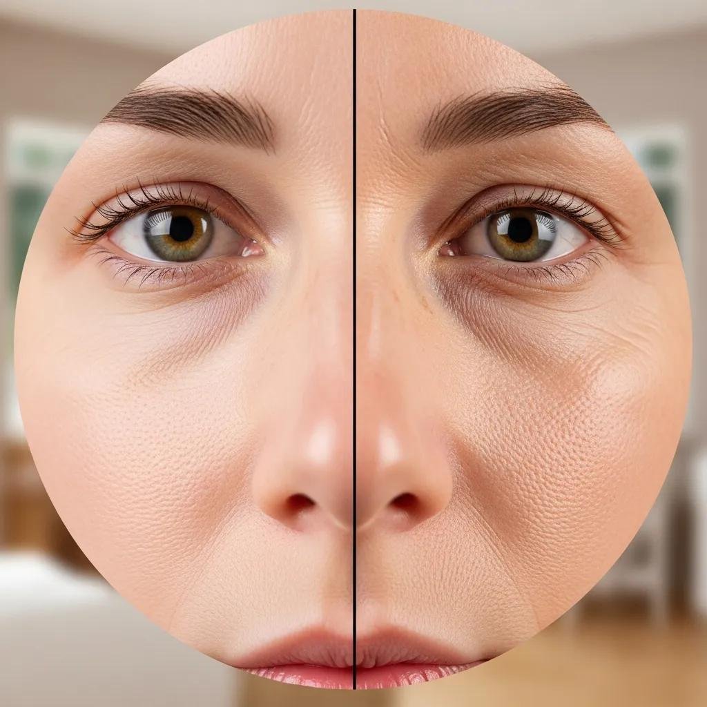 Close-up of a woman's face showing healthy skin on one side and signs of aging, including wrinkles and texture changes, on the other side, illustrating the impact of sugar on skin health and glycation.