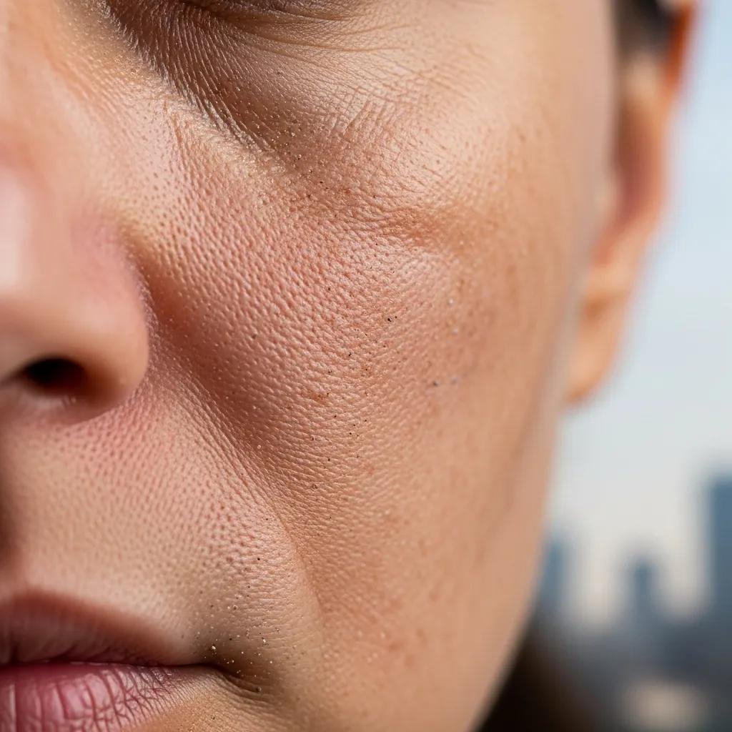 Close-up of skin showing uneven texture and pigmentation, illustrating the effects of urban pollution on skin aging and highlighting urban skincare challenges.