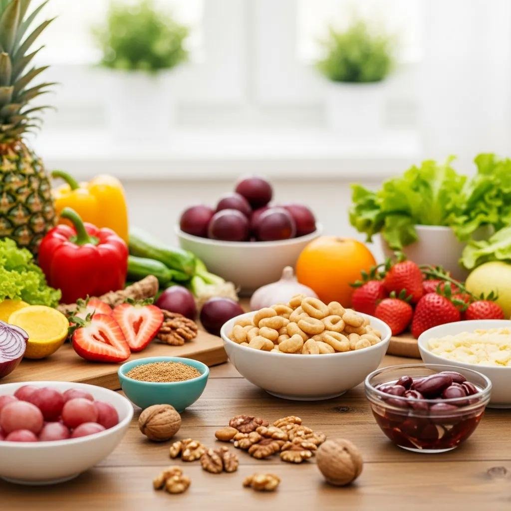 Colorful assortment of fresh fruits and vegetables including strawberries, grapes, bell peppers, and leafy greens, alongside nuts and spices, promoting an anti-inflammatory diet for skin health and resilience under stress.
