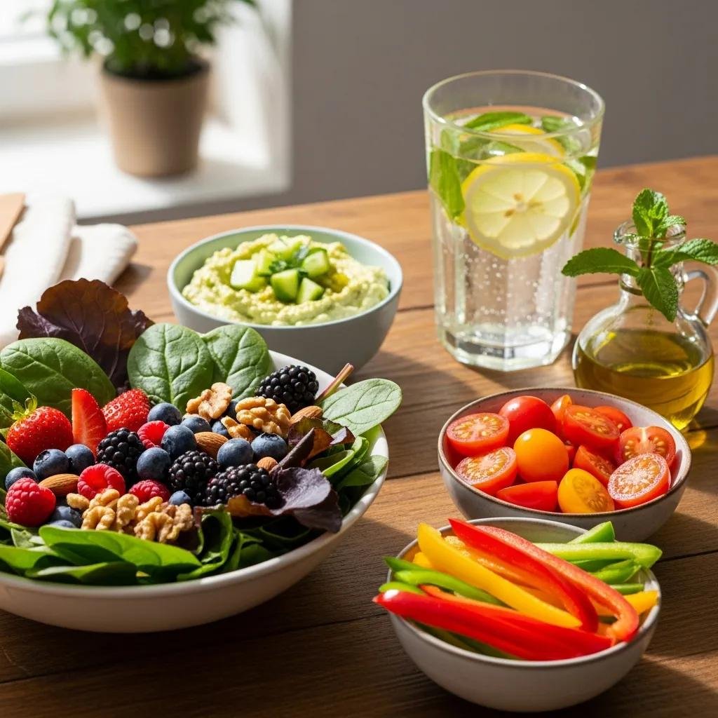 Colorful meal with antioxidant-rich foods promoting skin health and preventing glycation damage