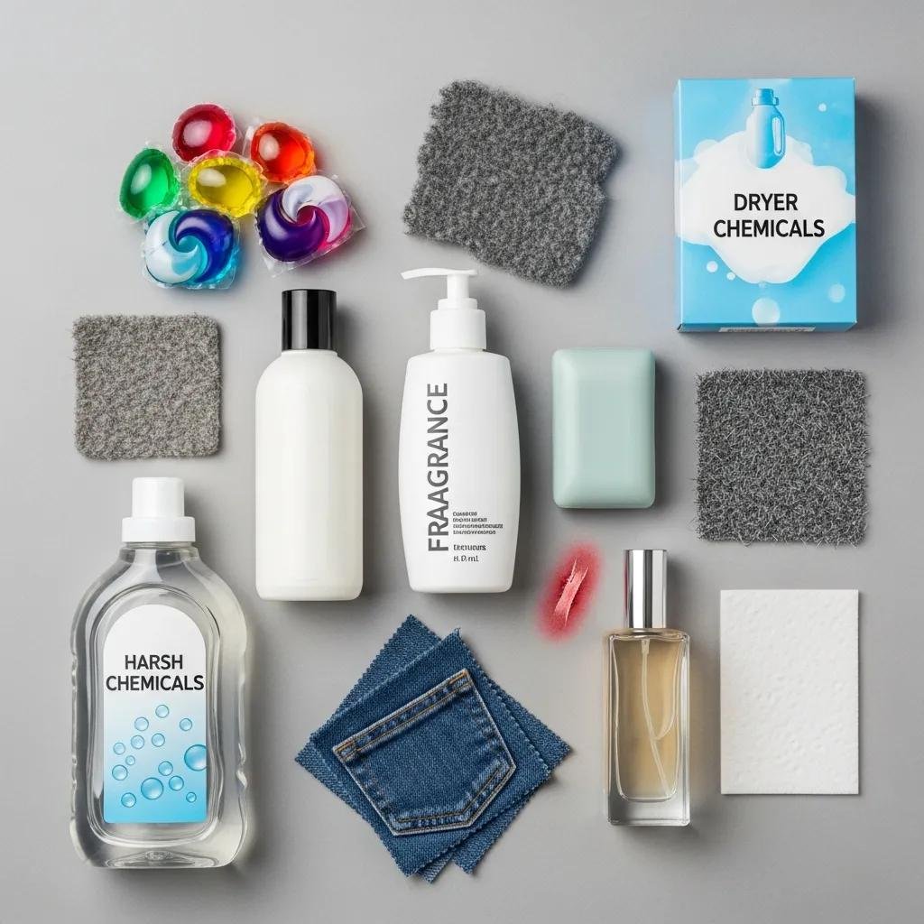 Common allergens and irritants triggering eczema, including fragranced skincare products, harsh detergents, and dryer chemicals, displayed in an organized layout.