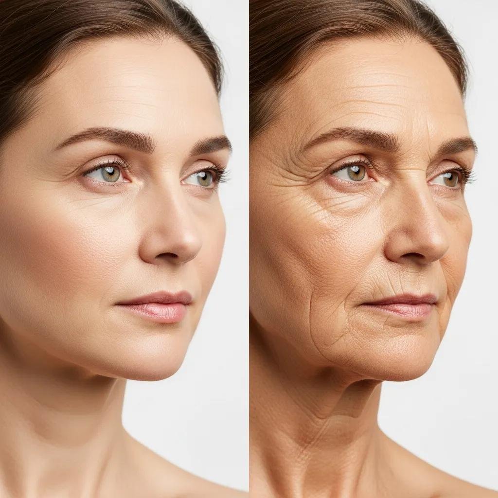 Comparison of youthful skin versus aged skin, highlighting visible signs of sugar-induced aging