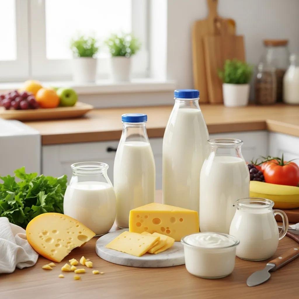 Dairy products including milk, cheese, and yogurt arranged on a kitchen counter, symbolizing the connection between diet and skin health in relation to acne.