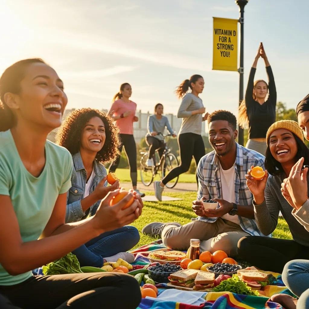 Diverse group of people enjoying healthy activities outdoors, laughing and sharing fruits, highlighting Vitamin D's role in immune support and overall wellness.