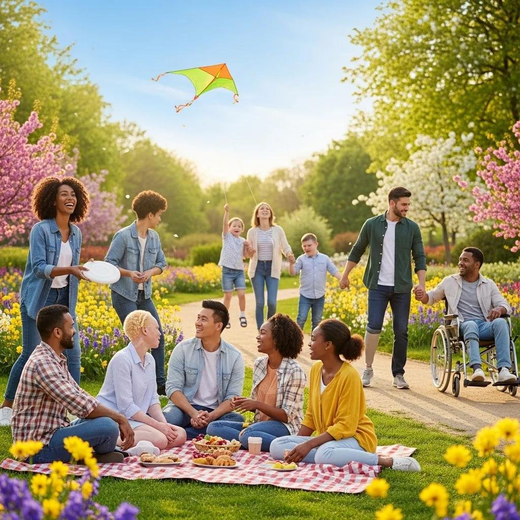 Diverse group of people enjoying a spring picnic with glowing skin, surrounded by blooming flowers, while engaging in outdoor activities like kite flying and socializing, reflecting themes of skin renewal and aesthetic wellness.