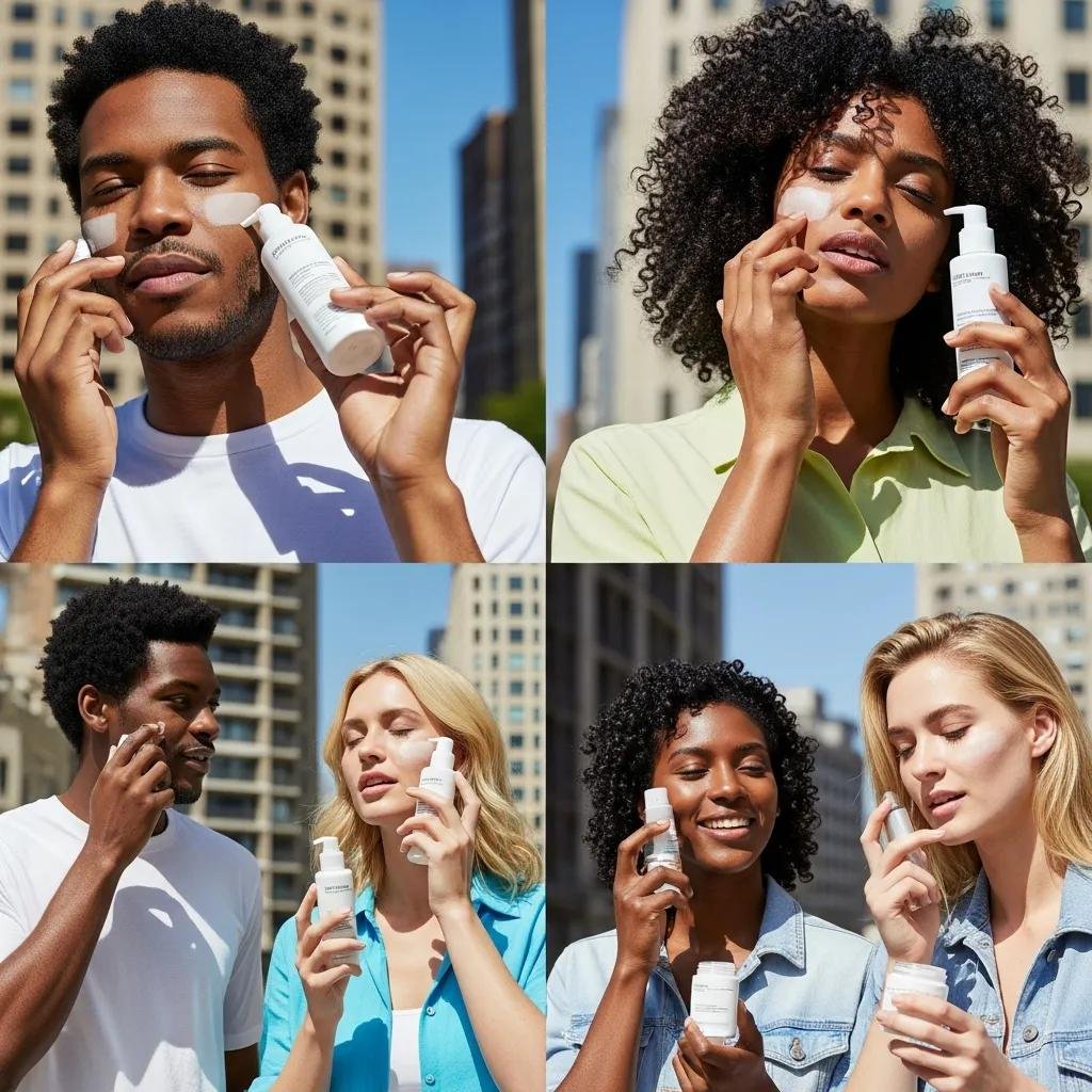Diverse individuals applying anti-pollution skincare products in an urban environment, highlighting skincare routines for managing urban pollution and aging.
