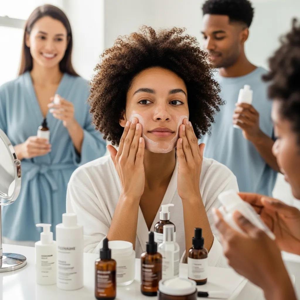 Diverse individuals applying skincare products in a bright bathroom, focusing on oily skin care routines and effective facial cleansing techniques.