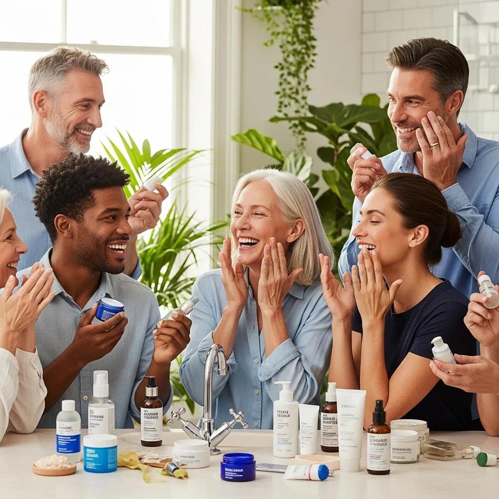 Diverse individuals applying skincare products in a bright bathroom, showcasing a joyful atmosphere of holistic beauty and combination skin care tips.