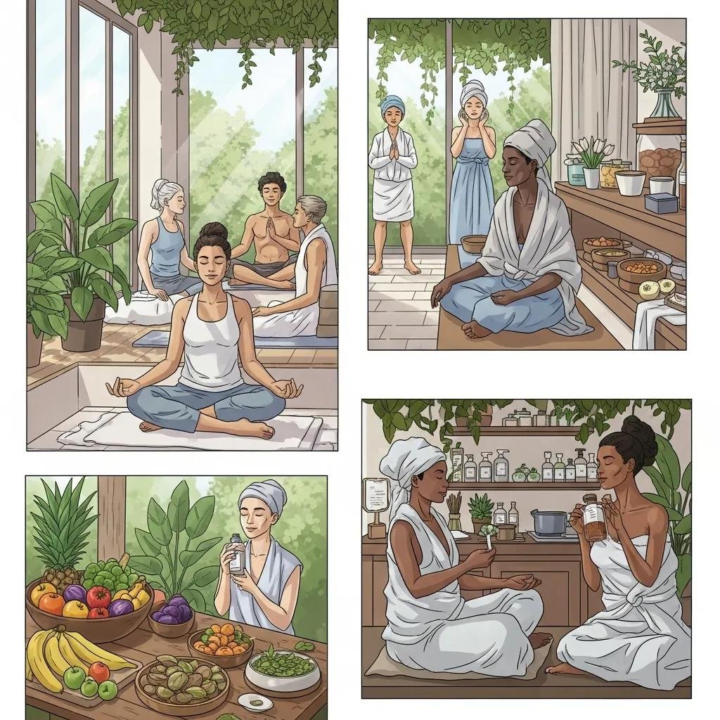Diverse individuals practicing holistic wellness in a serene spa environment, emphasizing the connection between inner and outer beauty through meditation, relaxation, and healthy living.