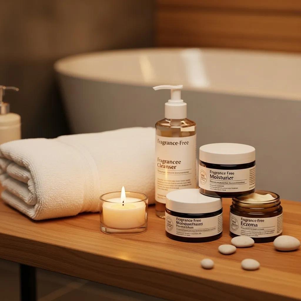 Fragrance-free skincare products for eczema displayed in a serene bathroom setting, featuring a cleanser, moisturizer, and soothing cream, complemented by soft towels and a candle.