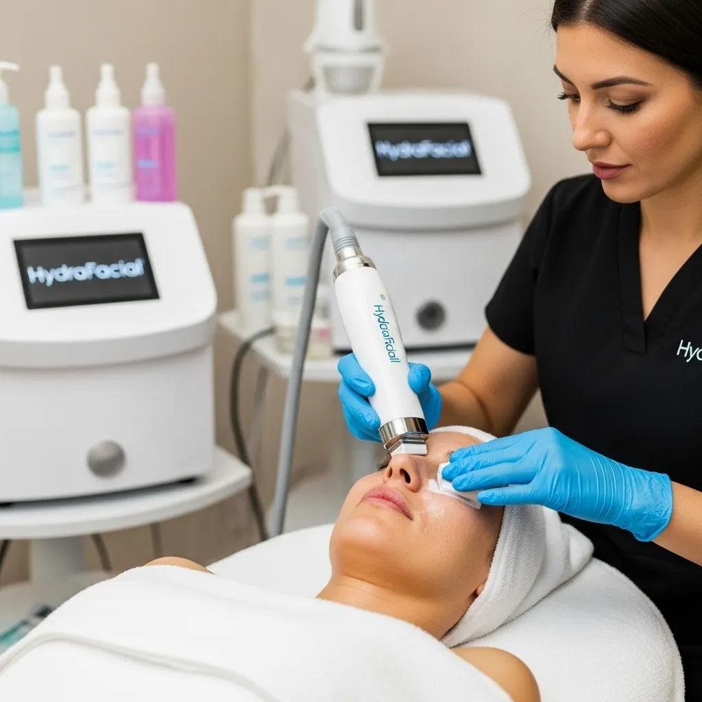 HydraFacial treatment in a spa setting, featuring a professional applying the device to a client's face for deep hydration and skin radiance, with skincare products visible in the background.