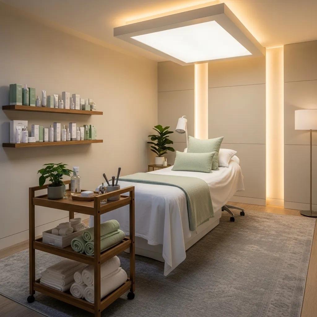 Inviting med spa treatment room featuring calming decor, skincare products on shelves, and a well-prepared massage bed, emphasizing aesthetic wellness and relaxation.