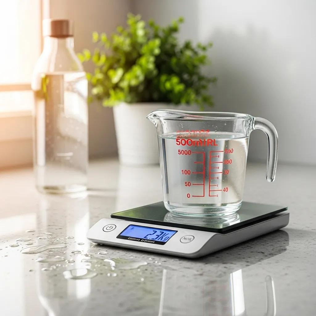 Measuring cup and scale illustrating personalized water intake for skin hydration