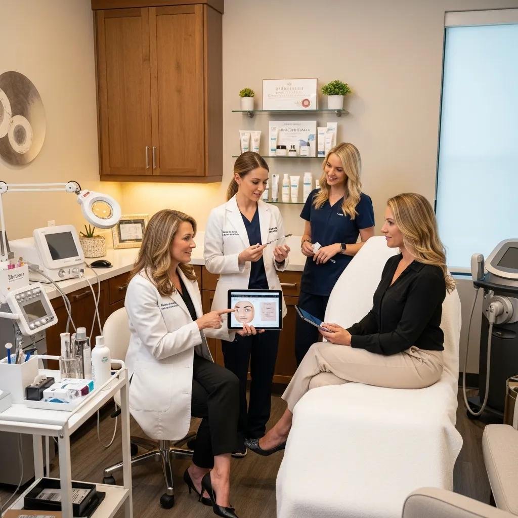 Med spa professionals discussing aesthetic treatment options with a patient, showcasing consultation in a clinical setting with skincare products and medical equipment.
