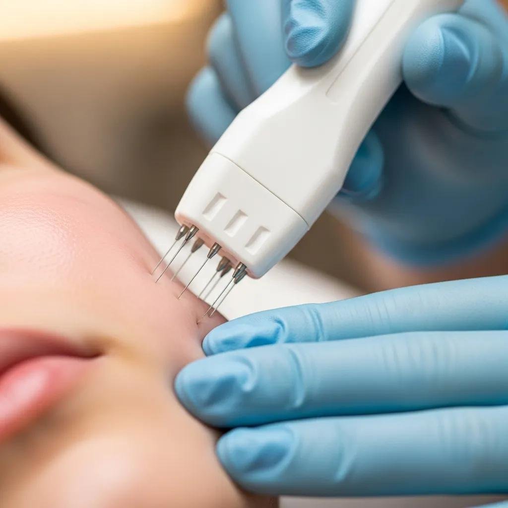 Microneedling procedure in action, demonstrating collagen induction and skin texture improvement, with a gloved hand applying a microneedling device to the cheek area.