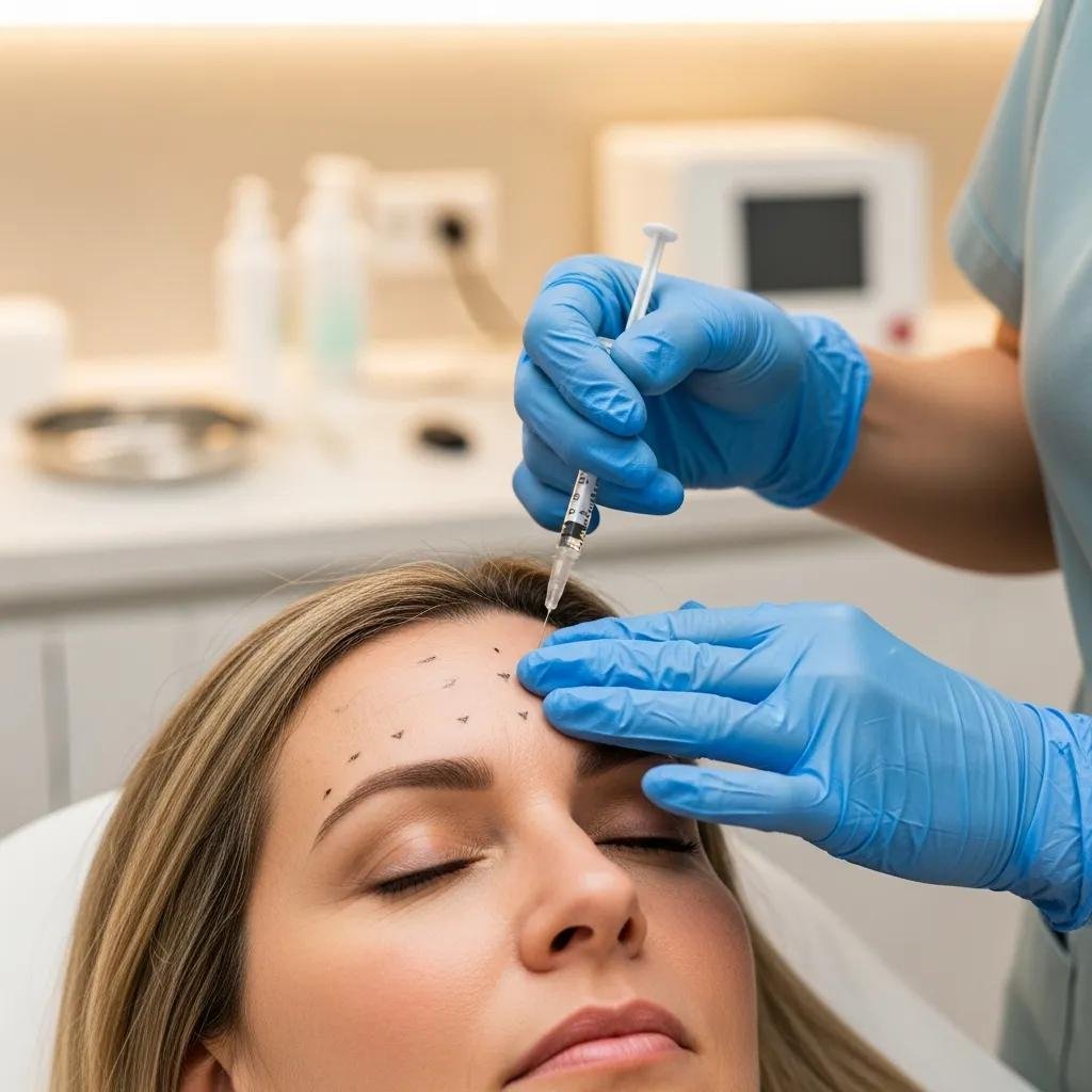 Patient receiving Botox injections to reduce dynamic wrinkles in a professional med spa setting, with marked treatment areas on forehead and clinician administering the procedure.