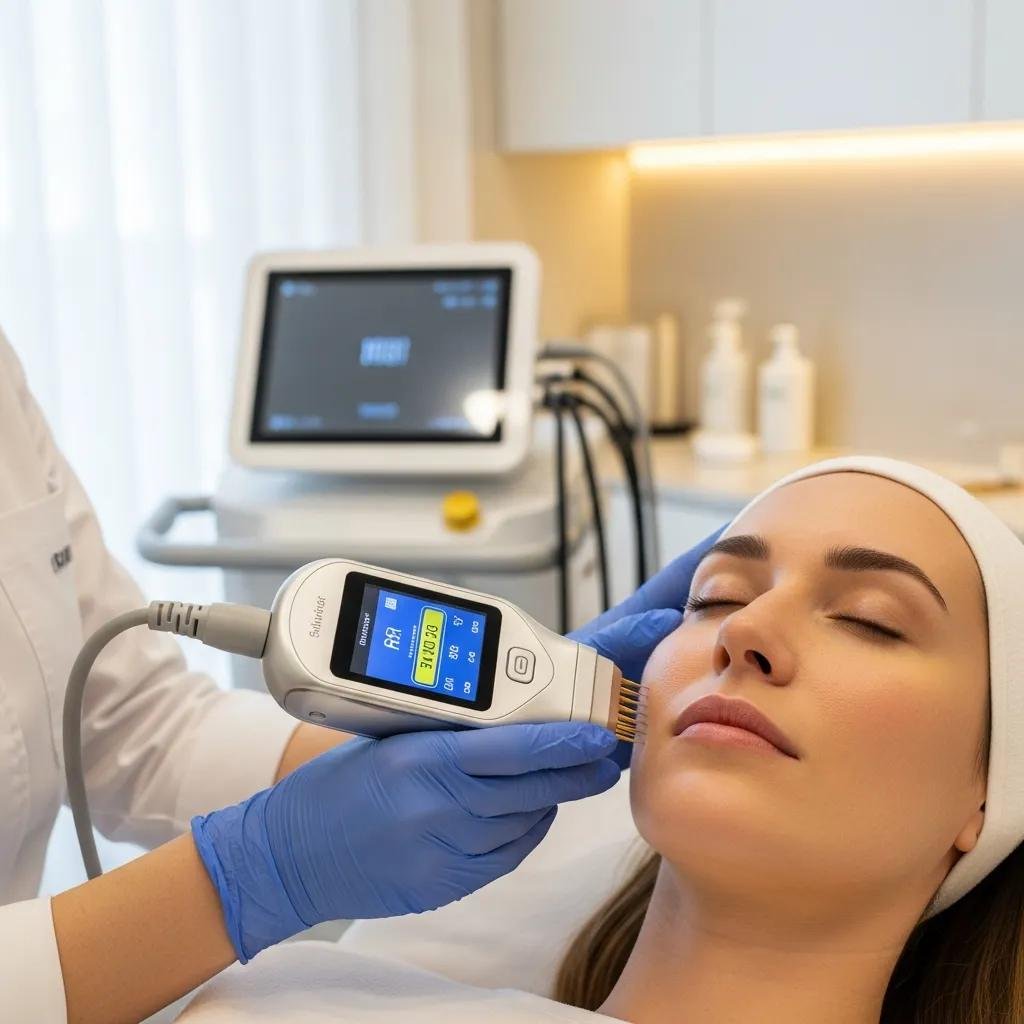 Patient receiving RF microneedling treatment in a modern med spa, with a medical professional using a device on the patient's face, emphasizing skin rejuvenation and advanced aesthetic procedures.