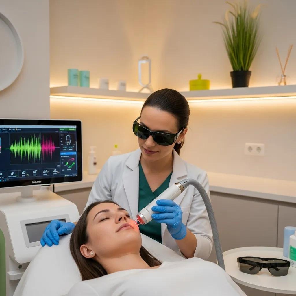 Patient receiving skin resurfacing treatment with a laser device