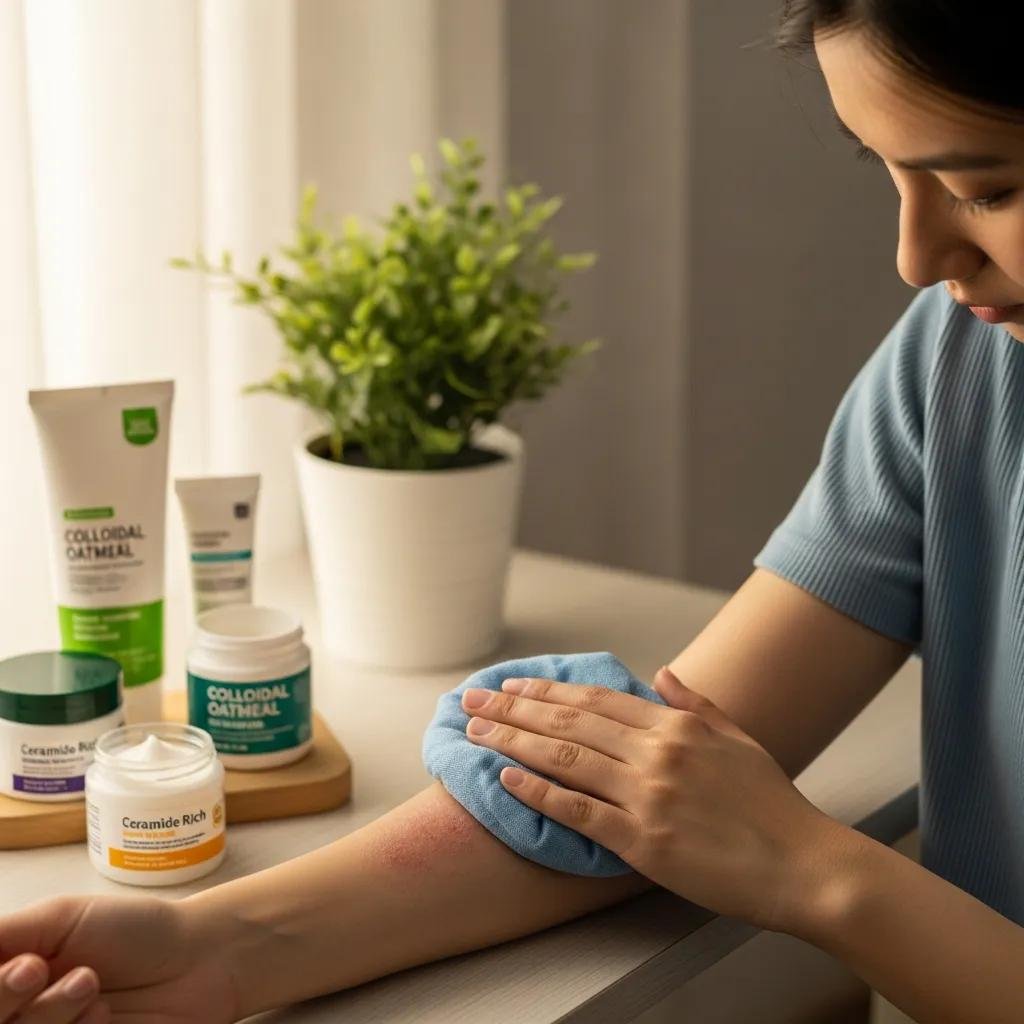 Person applying a cold compress to soothe eczema flare-up on arm, surrounded by skincare products including ceramide-rich and colloidal oatmeal formulations in a calming indoor setting.