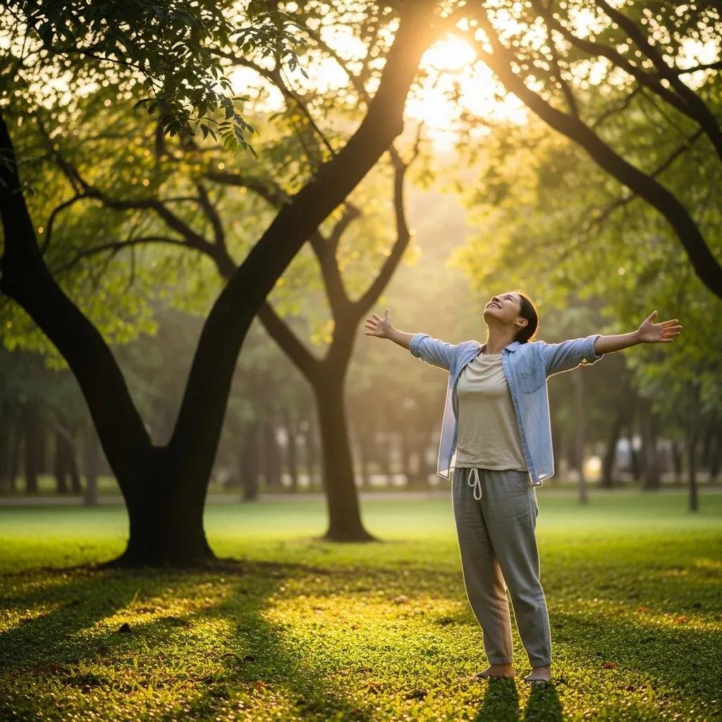 Person basking in sunlight in a park, symbolizing the health benefits of Vitamin D and holistic wellness.