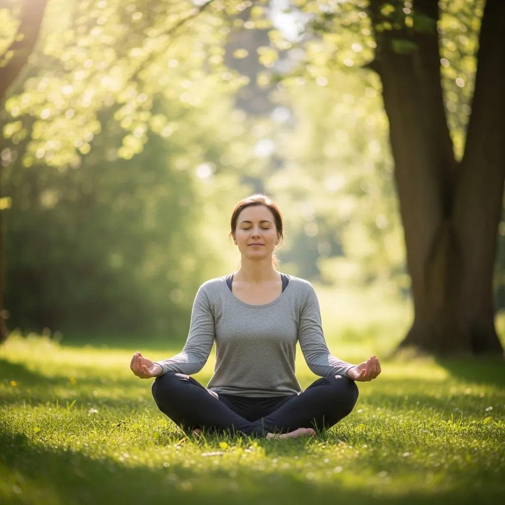 Person practicing mindfulness meditation outdoors in a serene setting, promoting stress reduction and skin health.