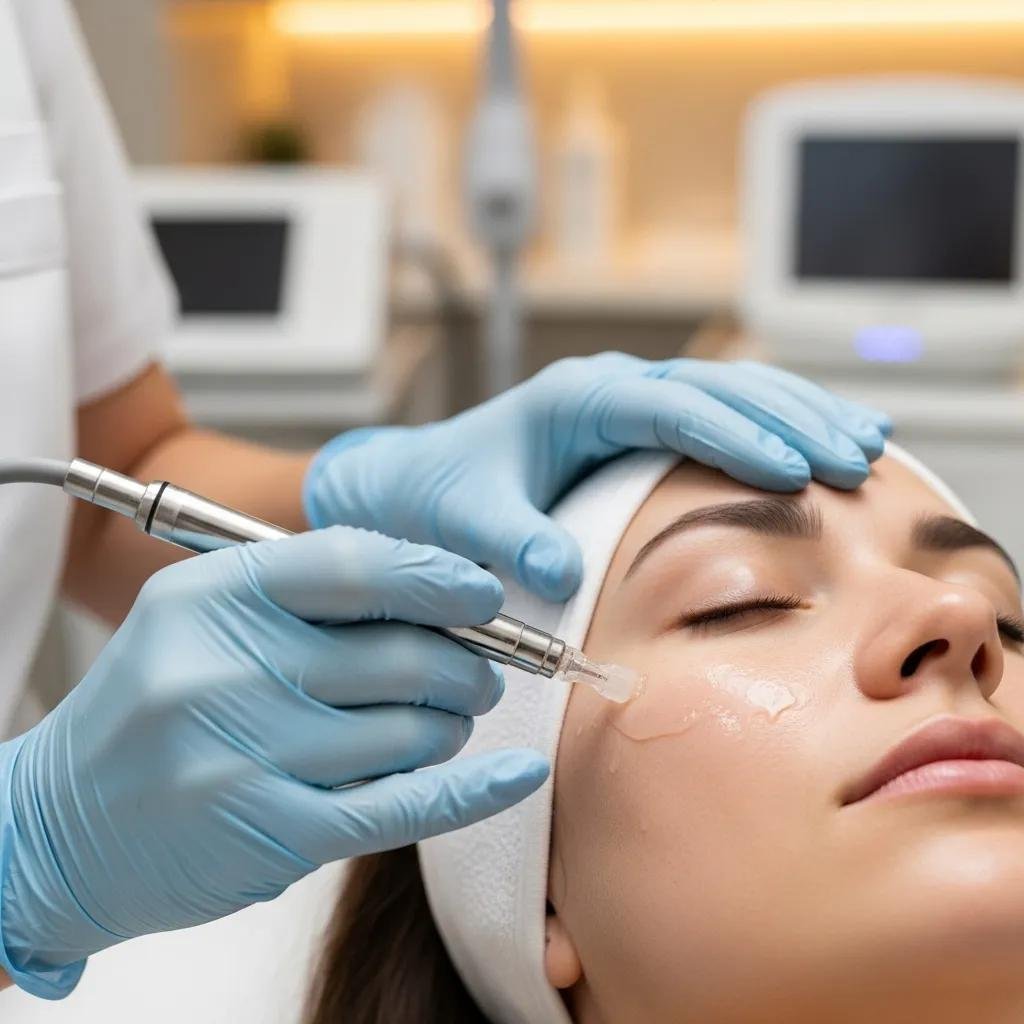 Practitioner applying regenerative skin treatment with a microneedling device on a patient in a calming clinic environment, emphasizing natural rejuvenation and advanced aesthetic technologies.