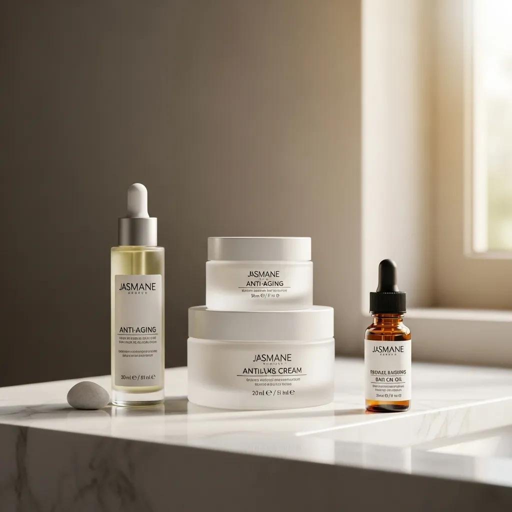 Selection of Jasman&eacute; anti-aging skincare products, including a serum, cream, and facial oil, arranged on a vanity, emphasizing growth factor formulations for skin repair and collagen boosting.