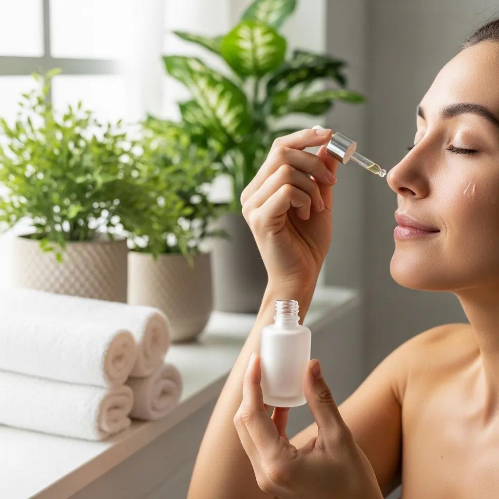 Woman applying serum to her face, highlighting growth factors in skincare, surrounded by greenery and rolled towels, emphasizing natural beauty and wellness in a med spa setting.