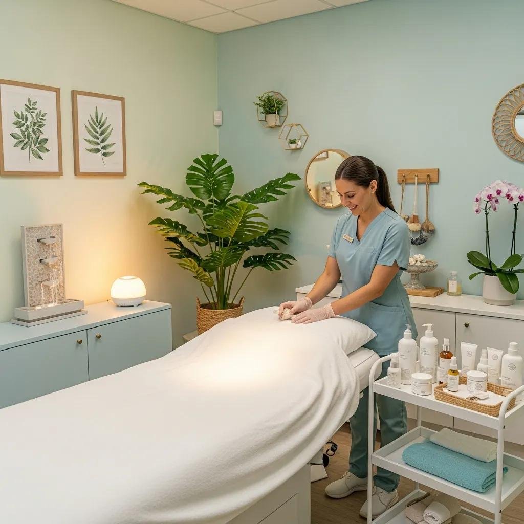 Welcoming med spa treatment room with calming decor, professional aesthetician preparing skincare products on treatment table, emphasizing relaxation and wellness.