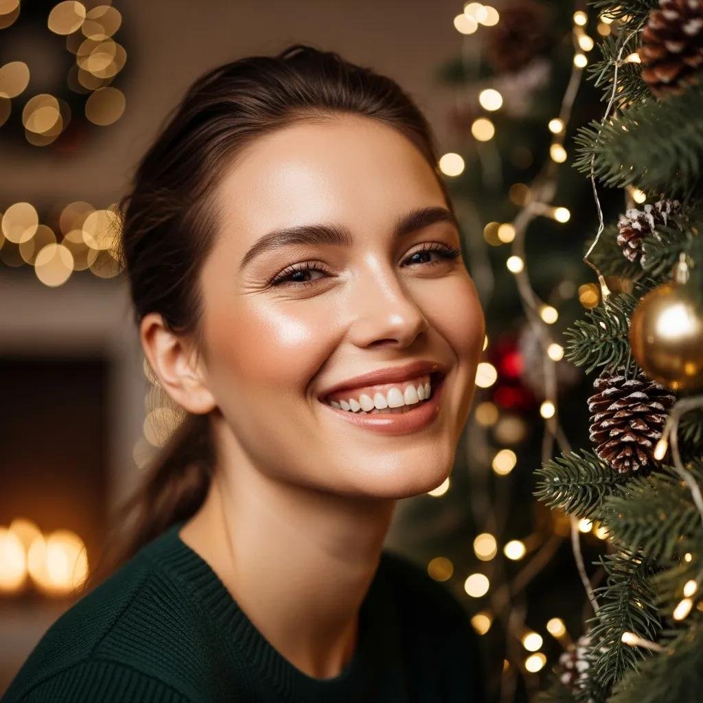 Woman with radiant skin smiling in a festive setting, embodying the concept of a holiday glow and aesthetic treatments, surrounded by Christmas decorations and warm lighting.