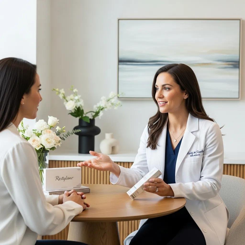 A dermatologist consulting with a patient in a modern aesthetic clinic about Restylane dermal fillers
