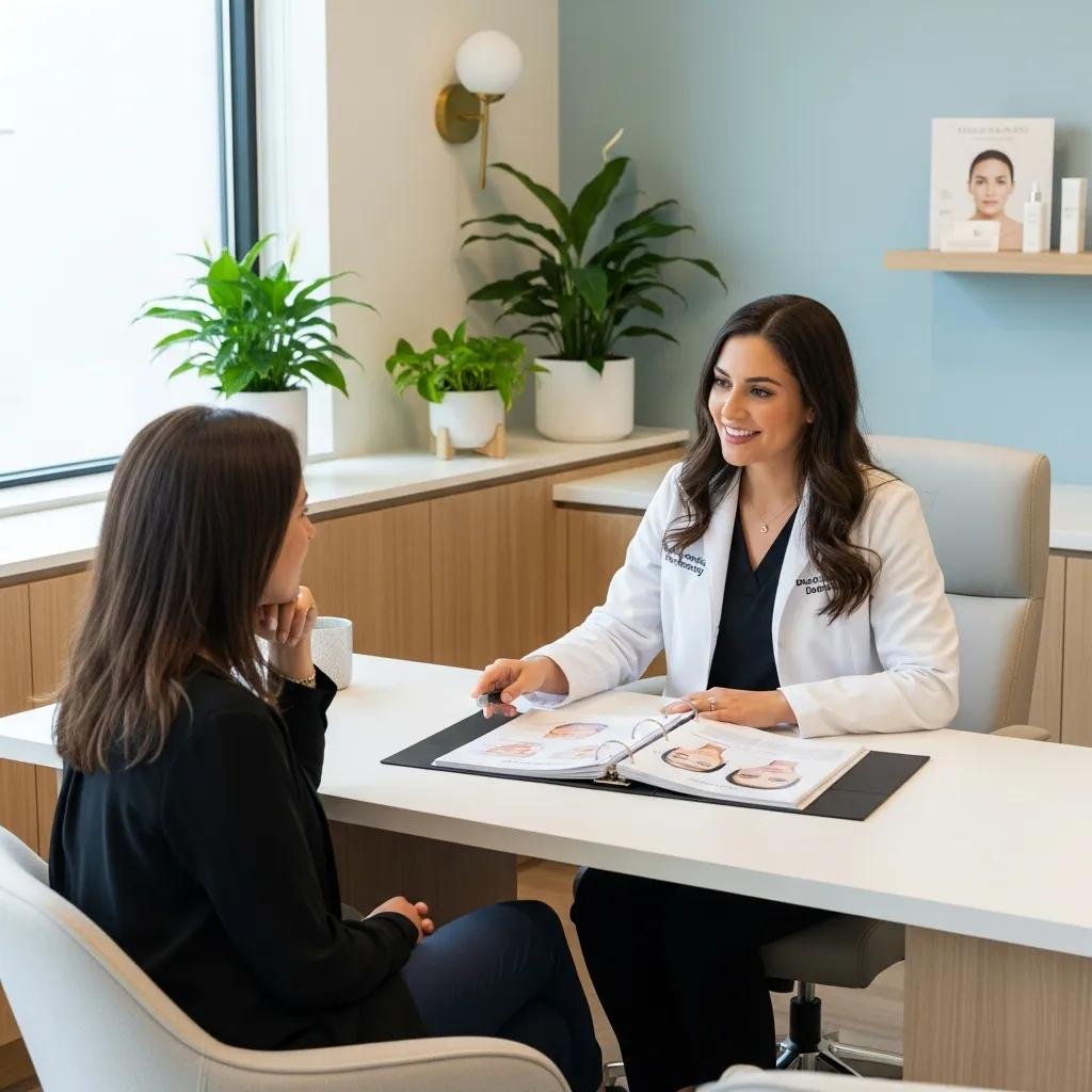 A dermatologist consulting with a patient in a modern aesthetic clinic, emphasizing Juvederm treatments for facial rejuvenation