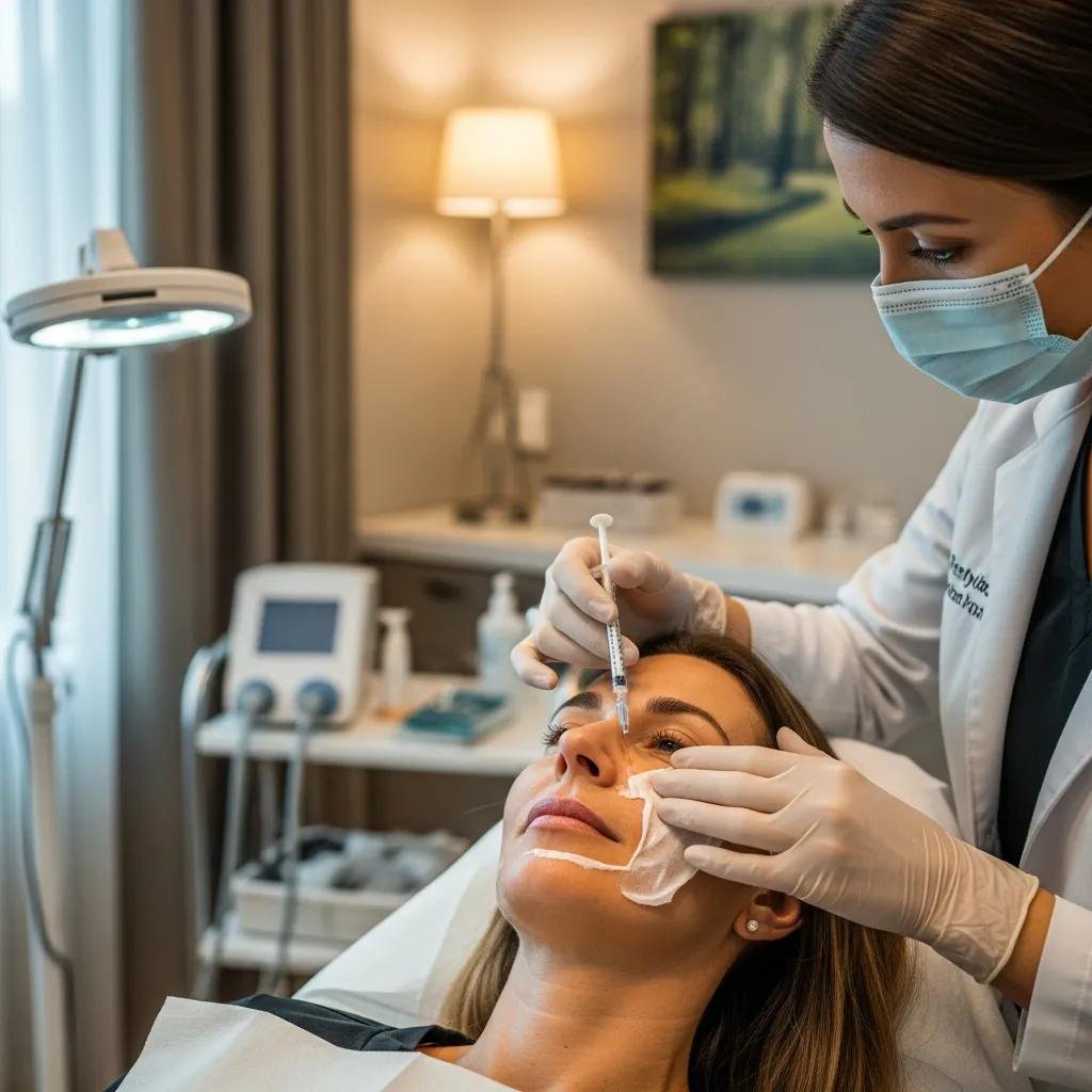 A patient receiving a Restylane treatment from a dermatologist in a calm clinical environment