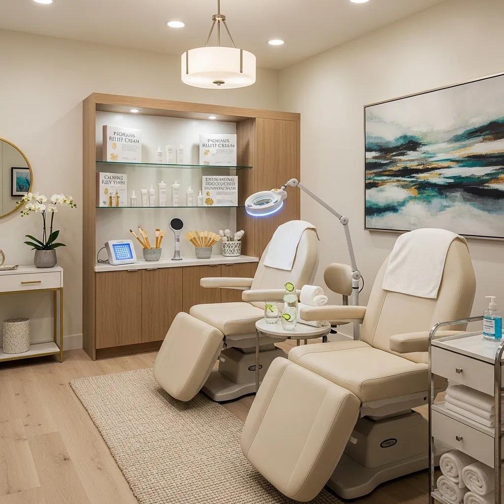 Aesthetic treatment room designed for psoriasis care, showcasing a calming environment with skincare products