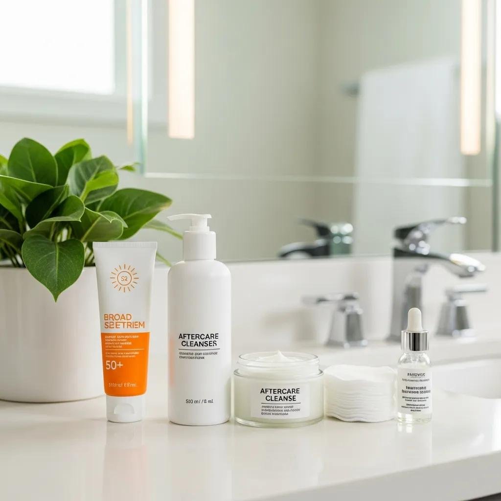 Aftercare products for med spa treatment including cleansers and sunscreen