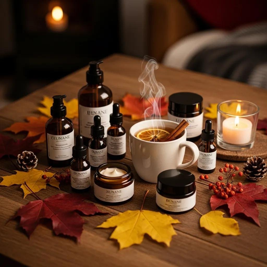 Autumn skincare products arranged on a wooden table with leaves and a cup of tea, emphasizing seasonal self-care