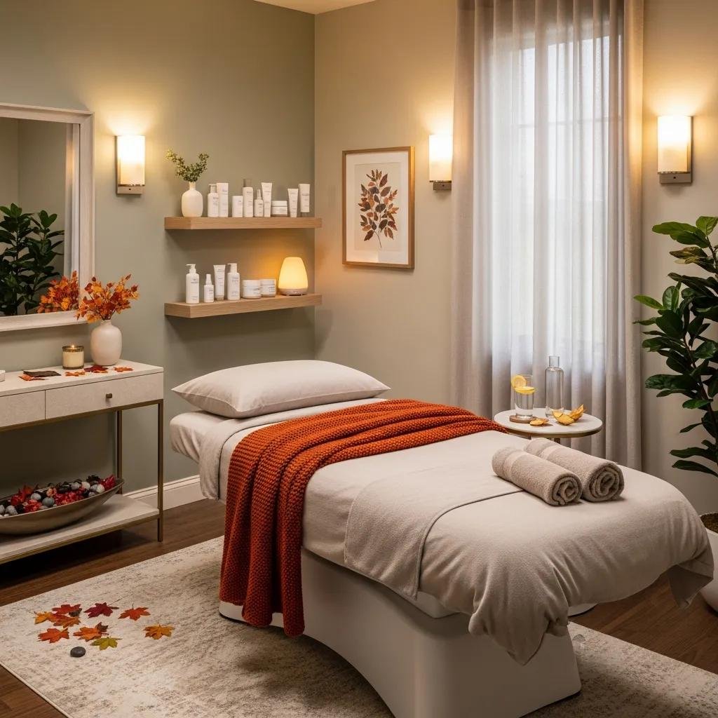 Calming medspa treatment room with skincare products and autumn decor, illustrating professional skin recovery options