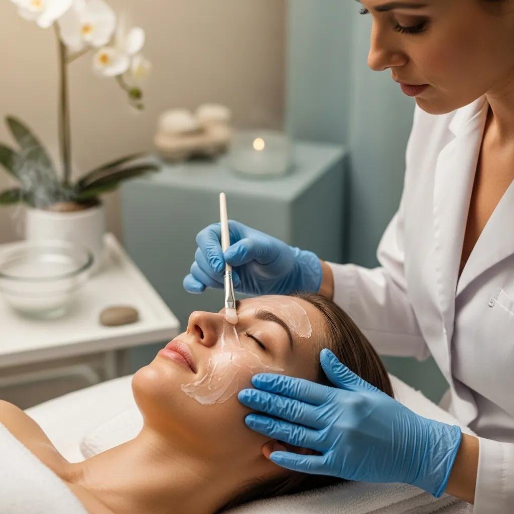 Chemical peel treatment in a serene spa environment with a dermatologist applying a peel to a client's face